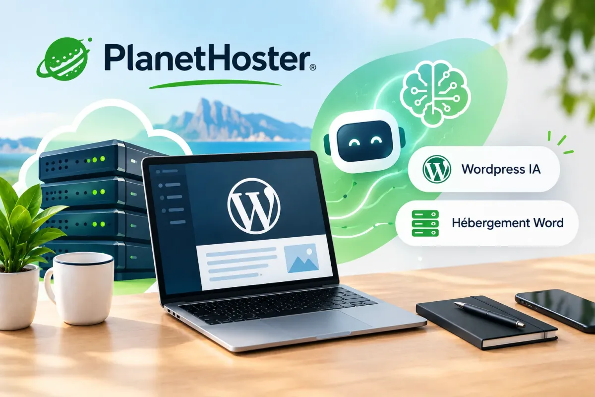 Ordinateur portable affichant WordPress sur un bureau, à côté de serveurs et d'un assistant IA, illustrant WordPress AI chez PlanetHoster